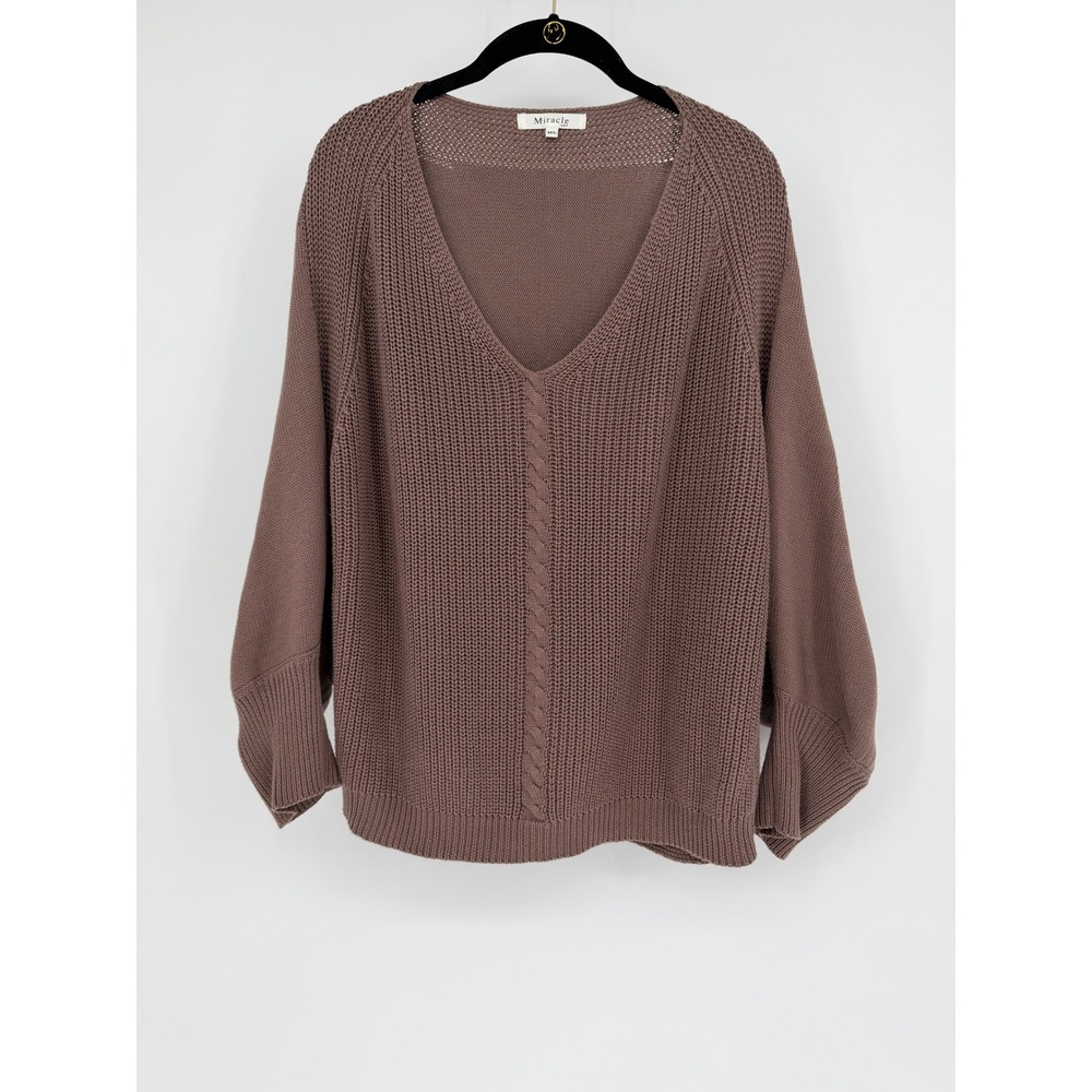 Miracle USA Mauve Taupe Cable Knit V-Neck Dolman Sleeve Oversized Sweater ML
